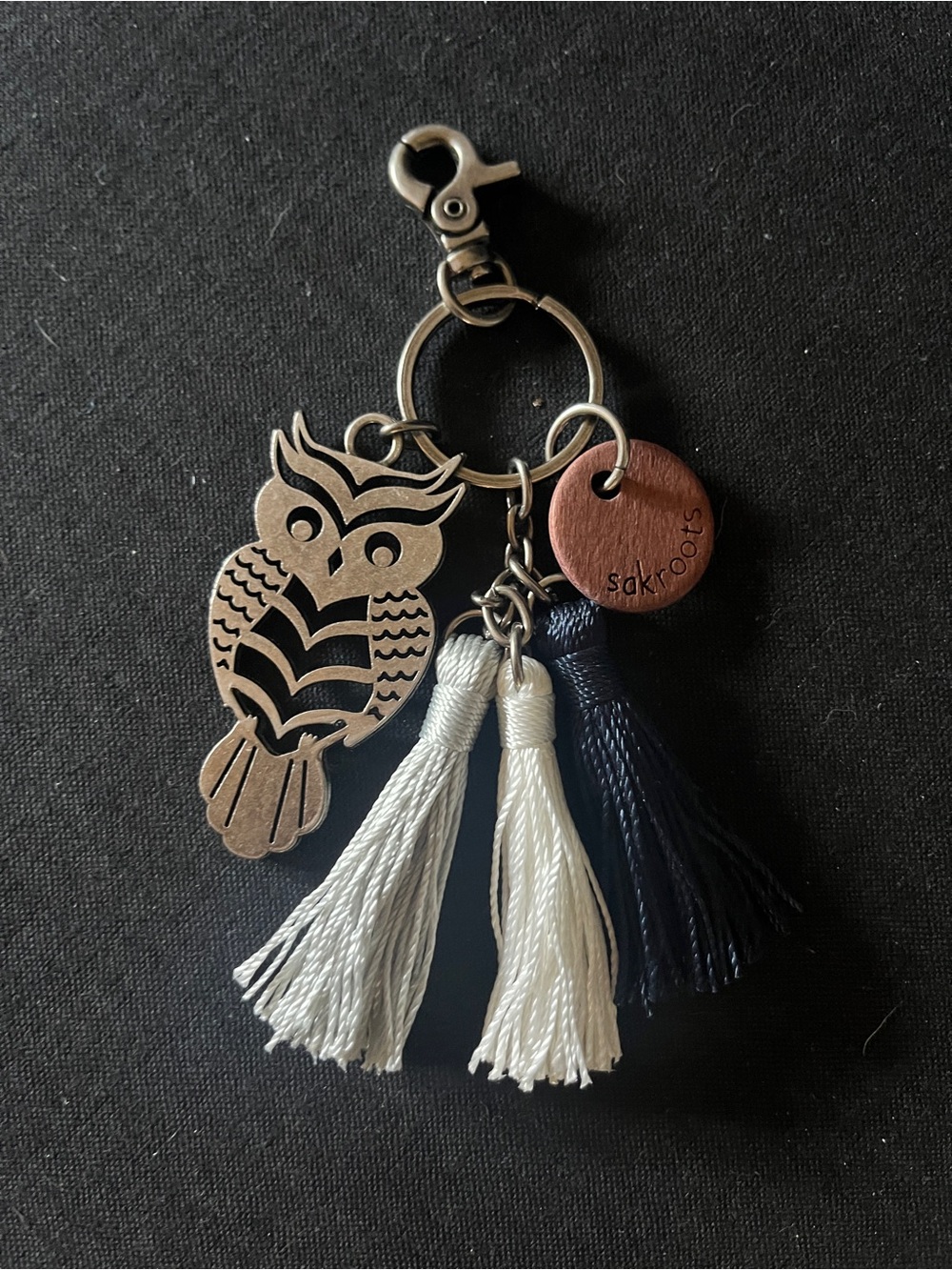 Sakroots Navy & Cream Owl Tassel Keychain